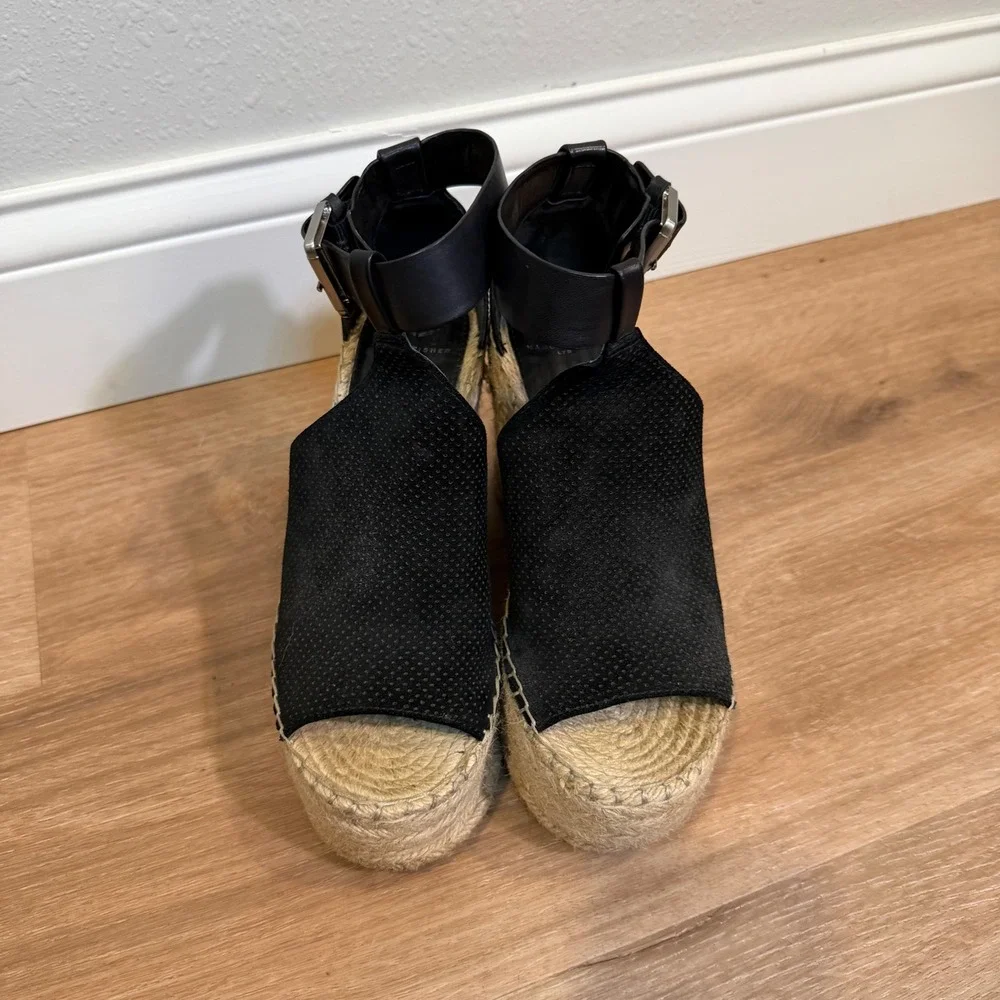 Marc Fisher MLANNIE Wedge Sandal Women 7.5 Black Leather Espadrille Platform